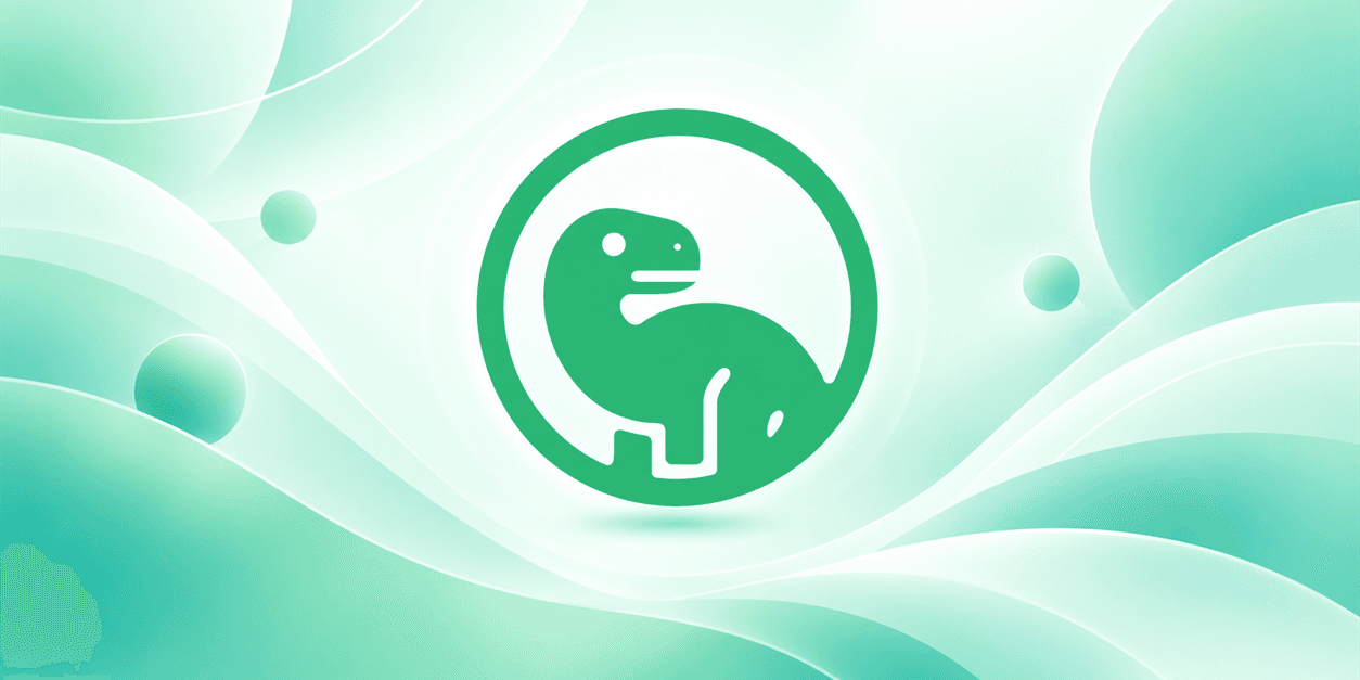 Groene Dino Care-dino in een zachte, abstracte groen-witte omgeving